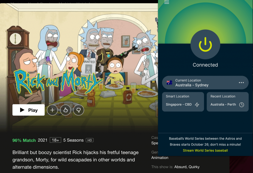 Watching Rick and Morty all five season on Netflix outside Australia via VPN