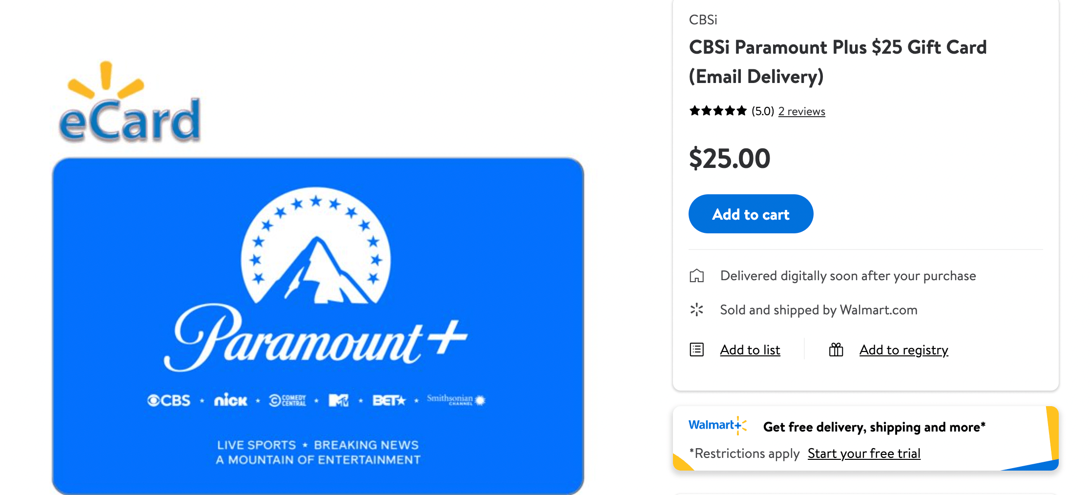 purchased a digital paramount plus gift card