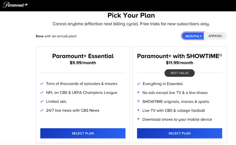 US Paramount Plus Plans and Pricing