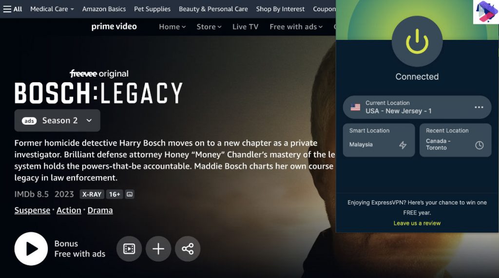 Watching Bosch Legacy season 2 on Freevee in Australia via VPN